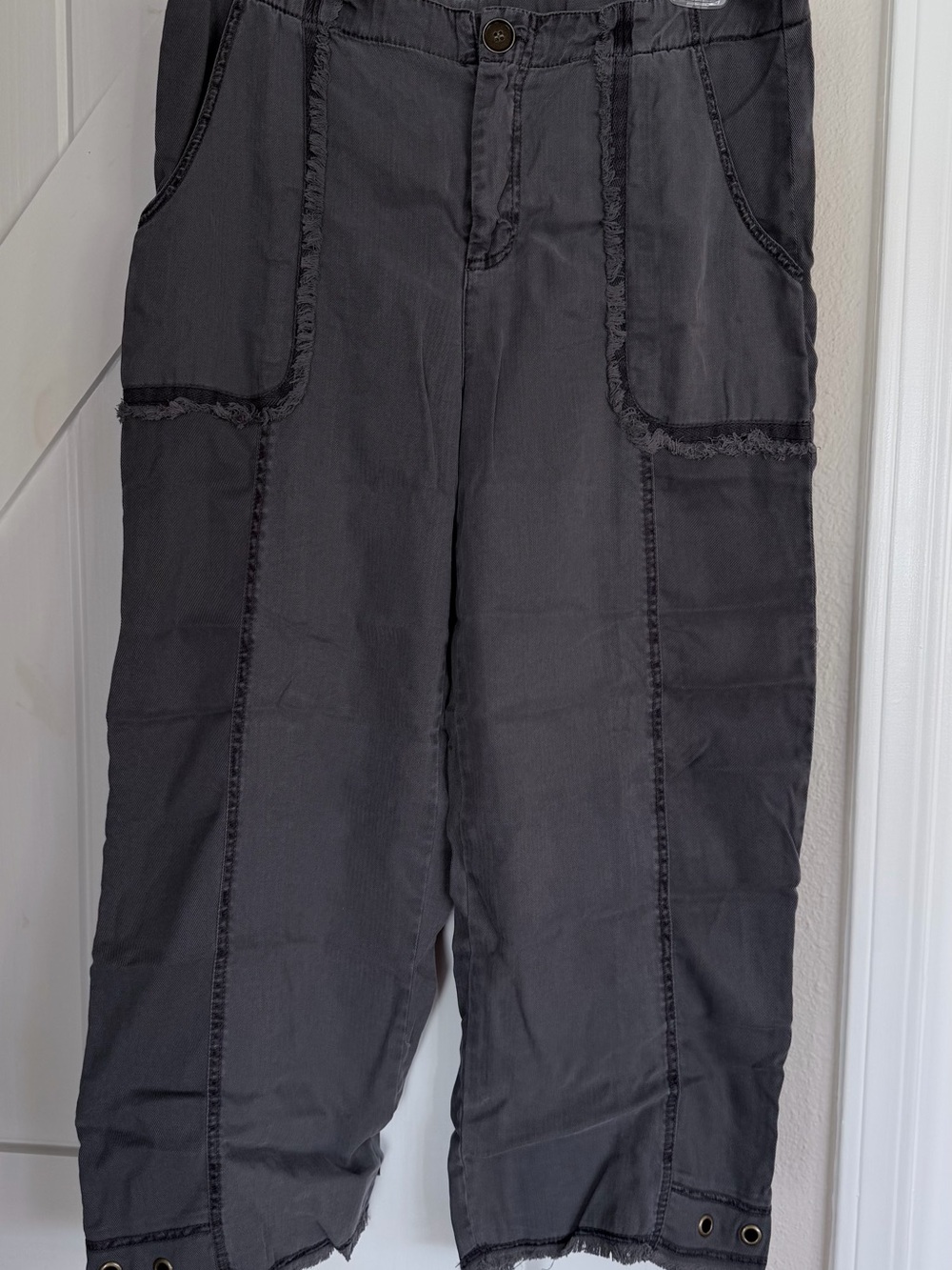 XCVI Dark Gray Cargo Capris with Frayed Seam Detail